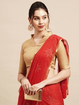 SAREE MALL Women's Chiffon Red Embellished Designer Saree With Blouse Piece 5