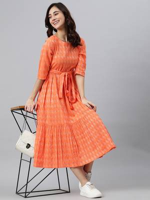 Orange woven cotton long-dresses 2