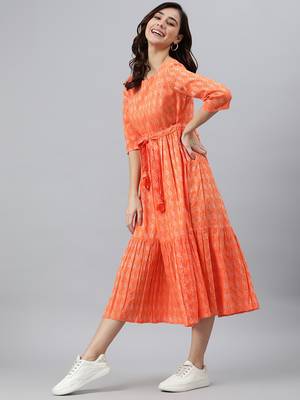 Orange woven cotton long-dresses 4