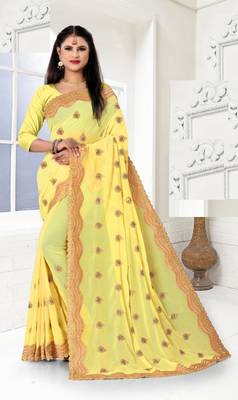 yellow color Fancy Georgette Embroidery Work daimond saree 1
