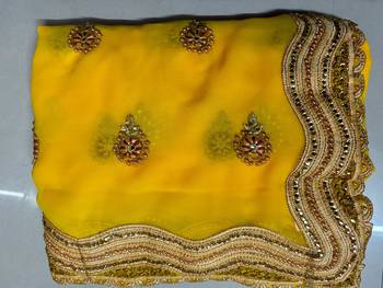 yellow color Fancy Georgette Embroidery Work daimond saree 2