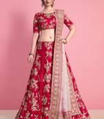 Pink embroidered velvet semi stitched lehenga