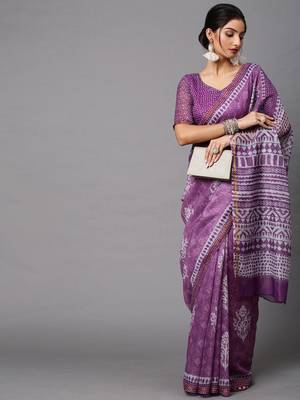 SAREE MALL Women's Linen Blend Lavendar Printed Celebrity Saree With Blouse Piece 1