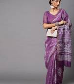 SAREE MALL Women's Linen Blend Lavendar Printed Celebrity Saree With Blouse Piece