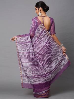 SAREE MALL Women's Linen Blend Lavendar Printed Celebrity Saree With Blouse Piece 2