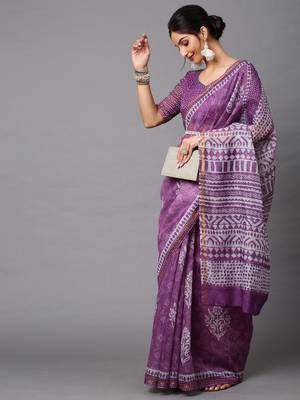 SAREE MALL Women's Linen Blend Lavendar Printed Celebrity Saree With Blouse Piece 3