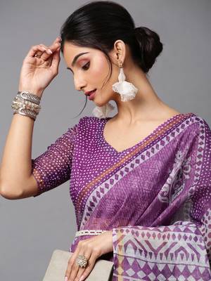 SAREE MALL Women's Linen Blend Lavendar Printed Celebrity Saree With Blouse Piece 5