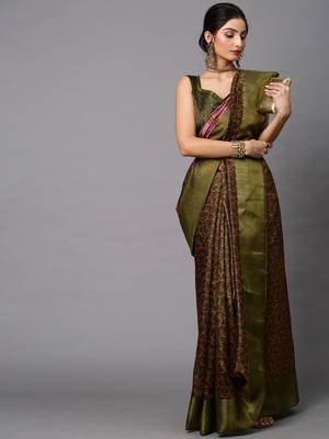 SAREE MALL Women's Linen Blend Olive Printed Celebrity Saree With Blouse Piece 1