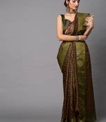SAREE MALL Women's Linen Blend Olive Printed Celebrity Saree With Blouse Piece