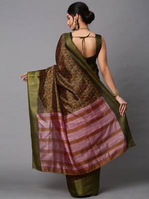 SAREE MALL Women's Linen Blend Olive Printed Celebrity Saree With Blouse Piece 2