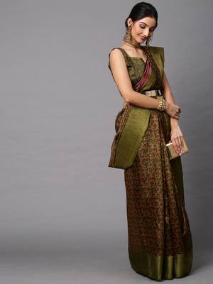 SAREE MALL Women's Linen Blend Olive Printed Celebrity Saree With Blouse Piece 3