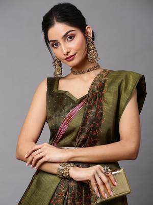 SAREE MALL Women's Linen Blend Olive Printed Celebrity Saree With Blouse Piece 5