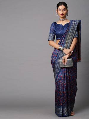 SAREE MALL Women's Linen Blend Navy Blue Printed Celebrity Saree With Blouse Piece 1