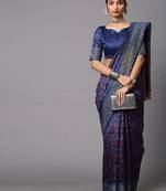 SAREE MALL Women's Linen Blend Navy Blue Printed Celebrity Saree With Blouse Piece