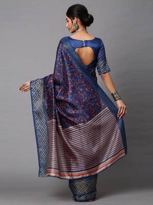 SAREE MALL Women's Linen Blend Navy Blue Printed Celebrity Saree With Blouse Piece 2