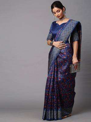 SAREE MALL Women's Linen Blend Navy Blue Printed Celebrity Saree With Blouse Piece 3