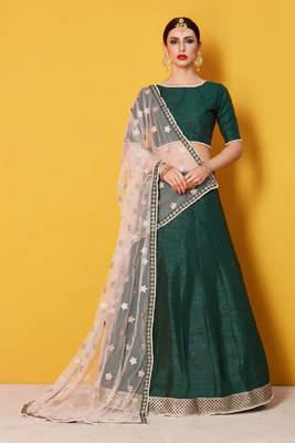 Green embroidered art silk semi stitched lehenga 2