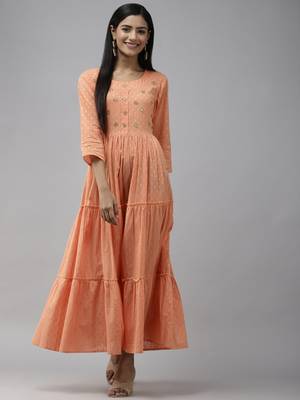 Peach printed cotton long-dresses 1