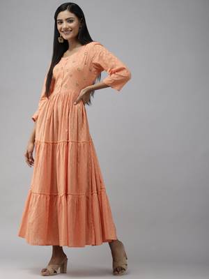 Peach printed cotton long-dresses 2