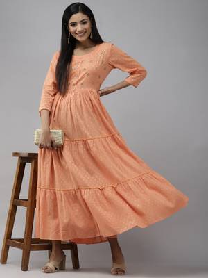 Peach printed cotton long-dresses 5