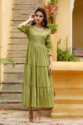 Olive embroidered cotton long-dresses 1