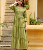 Olive embroidered cotton long-dresses