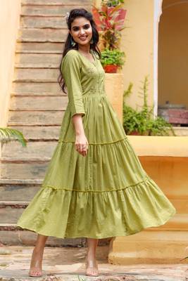 Olive embroidered cotton long-dresses 2