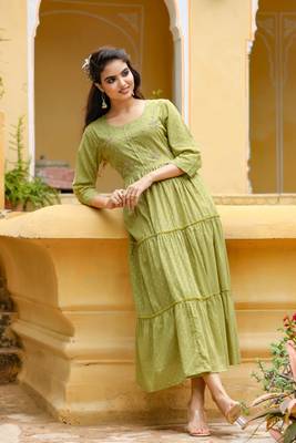 Olive embroidered cotton long-dresses 3