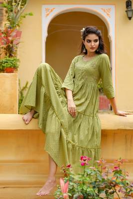 Olive embroidered cotton long-dresses 4