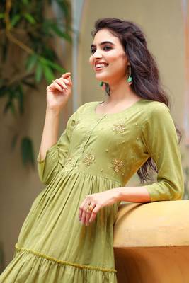 Olive embroidered cotton long-dresses 5
