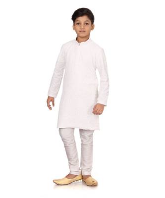 Boy's White Embroidered Georgette Kurta Churidar 2