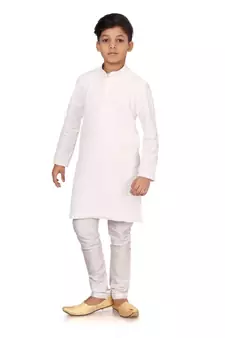 Boy's White Embroidered Georgette Kurta Churidar