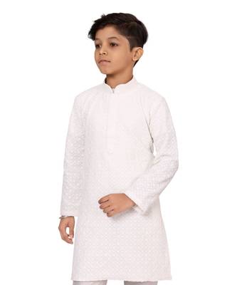 Boy's White Embroidered Georgette Kurta Churidar 6