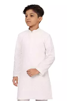 Boy's White Embroidered Georgette Kurta Churidar