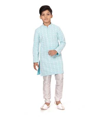 Boy's Sky Blue Embroidered Georgette Kurta Churidar 2