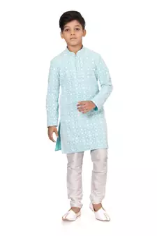 Boy's Sky Blue Embroidered Georgette Kurta Churidar