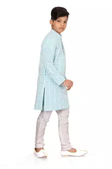 Boy's Sky Blue Embroidered Georgette Kurta Churidar