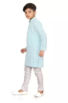 Boy's Sky Blue Embroidered Georgette Kurta Churidar