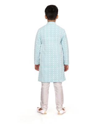 Boy's Sky Blue Embroidered Georgette Kurta Churidar 5