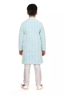 Boy's Sky Blue Embroidered Georgette Kurta Churidar