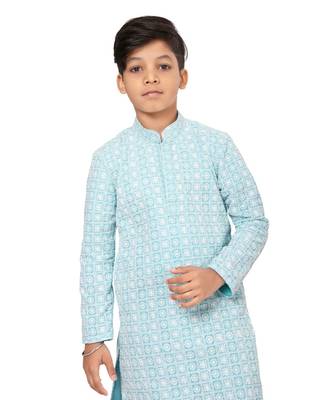 Boy's Sky Blue Embroidered Georgette Kurta Churidar 6