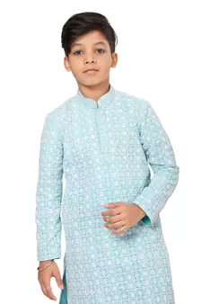 Boy's Sky Blue Embroidered Georgette Kurta Churidar