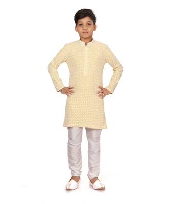 Boy's Yellow Embroidered Georgette Kurta Churidar 2