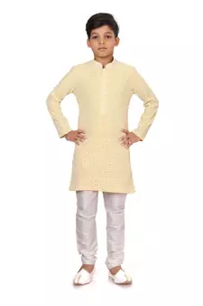 Boy's Yellow Embroidered Georgette Kurta Churidar
