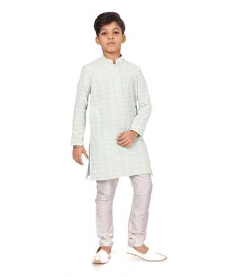 Boy's Aqua Green Embroidered Georgette Kurta Churidar 2