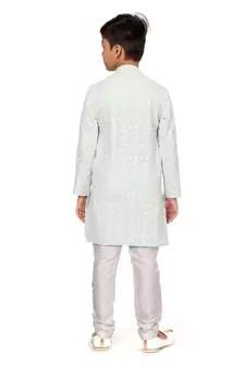 Boy's Aqua Green Embroidered Georgette Kurta Churidar