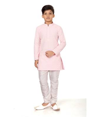 Boy's Pink Embroidered Georgette Kurta Churidar 2