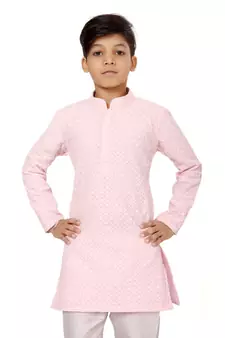Boy's Pink Embroidered Georgette Kurta Churidar