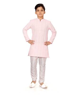 Boy's Pink Embroidered Georgette Kurta Churidar 2