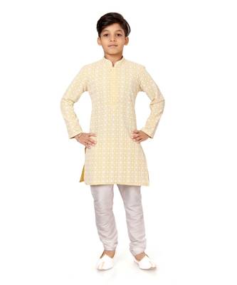 Boy's Yellow Embroidered Georgette Kurta Churidar 2